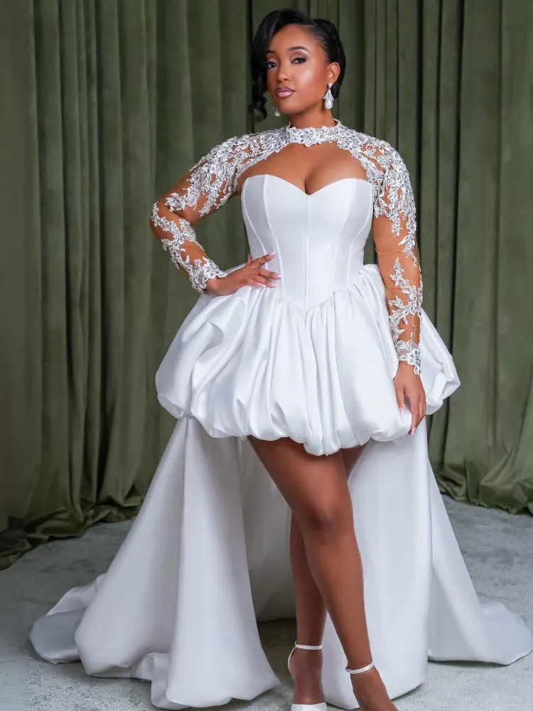 ชุดแต่งงานแบบสั่งตัดทรงไฮโลว์ รุ่น 22026 คอวี ผ้าซาตินด้าน สำหรับเจ้าสาวผิวสี ชุดเจ้าสาวแบบคอร์เซ็ทเปิดหลัง สีขาว สำหรับงานพิธีการ