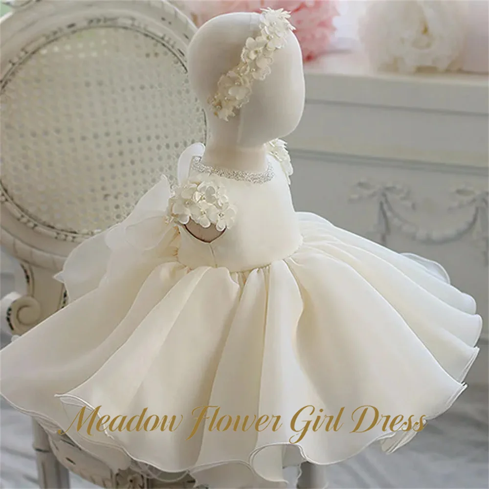 Meadow Round Neck With Beaded Princess Girls Dress 3D Floral Kids Birthday Party Dress Ivory Tutu Fluffy Prom Gown Customized