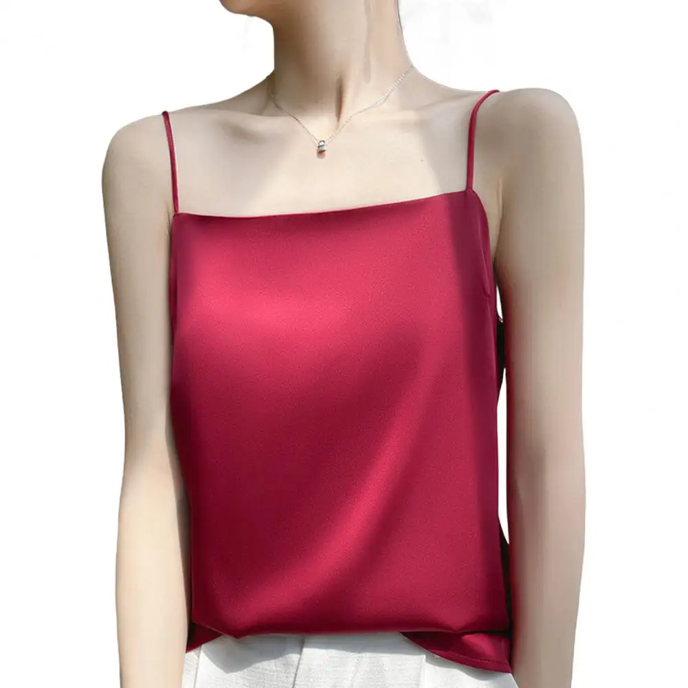 Women Summer Silk Satin Top Camis Tanks Sleeveless Spaghetti Straps Camisoles Strappy Shirts Sexy Tank Tops Ladies Solid Vest