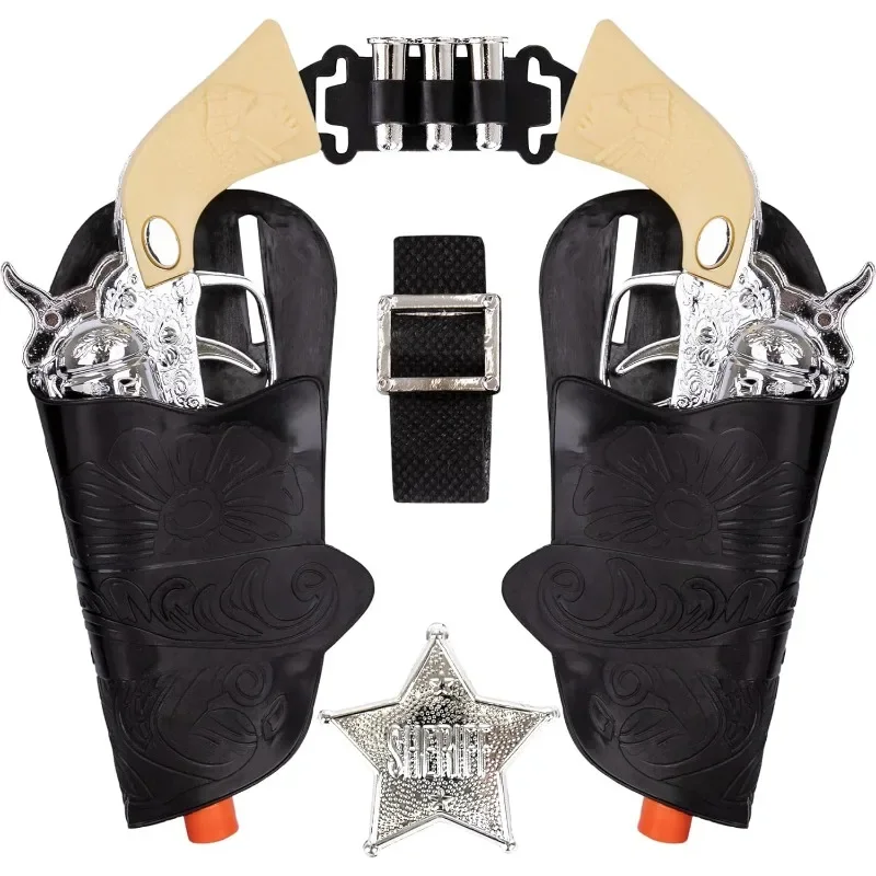 Cowboy Toy Set Pistols Sheriff Badge Gun Holsters and Adjustable Belt Old Western Sheriff Cosplay Costume 9 Piece Set for Kids