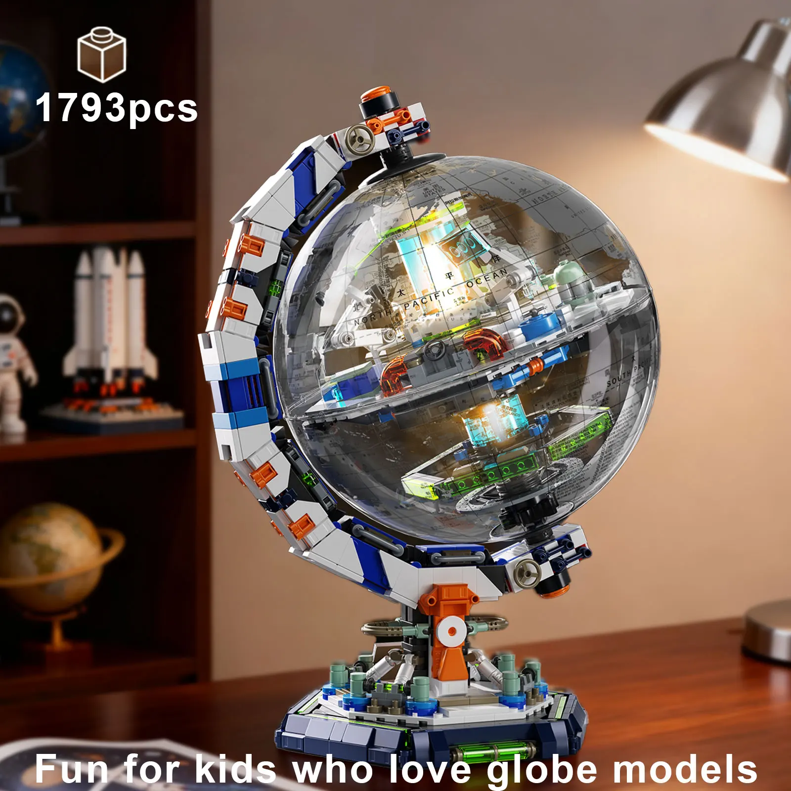 KAVOWORLD 1793PCS Sci-Fi Skyverse Globe Building Blocks Set 360° Rotatable Creative Transparent Space Station Globe with LED Light High Tech STEM Aerospace Geography Constrution Bricks Toy Home Office Decor Birthday Christmas Gift for Kids Teens Adults