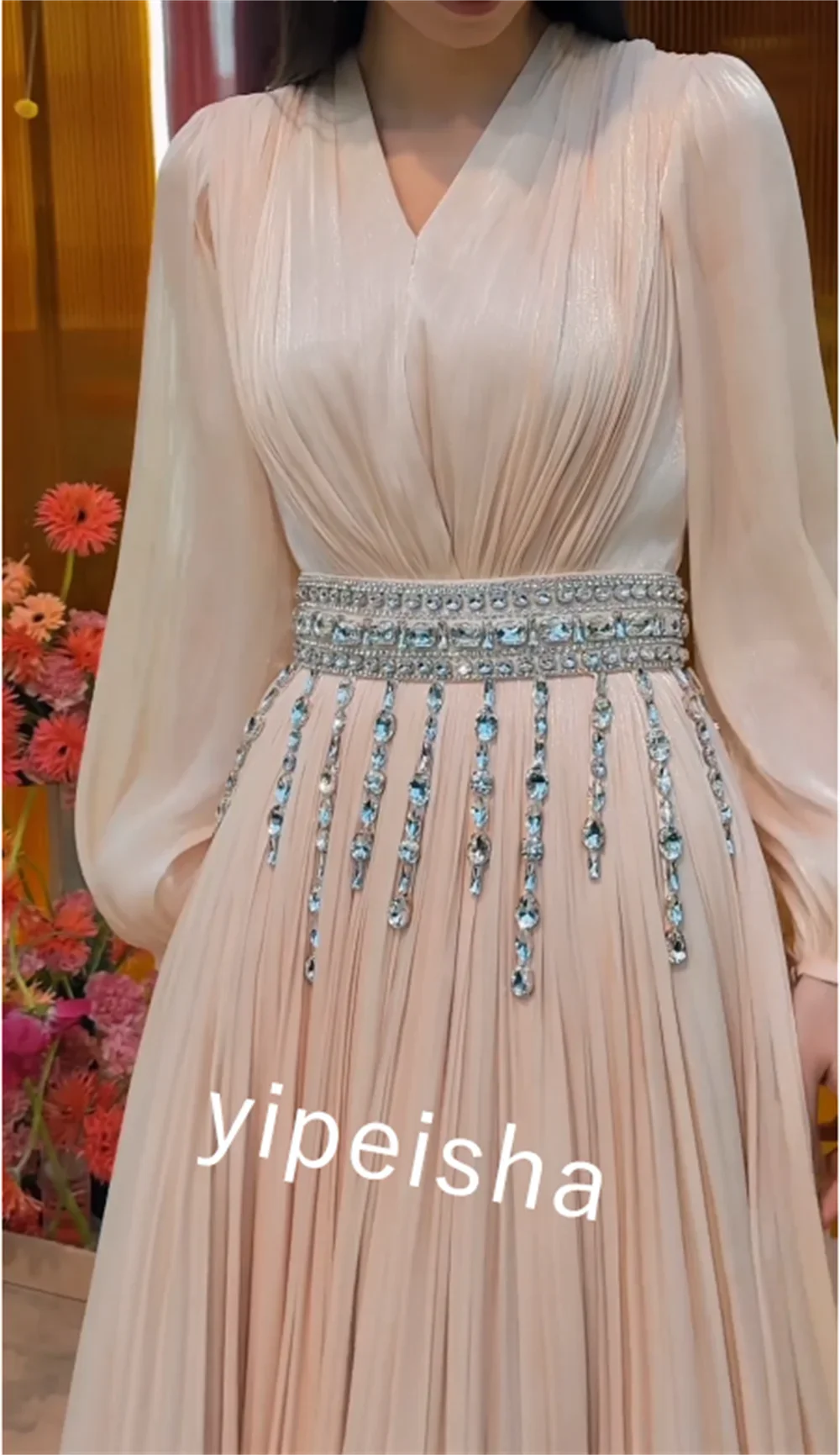 Customized Jersey Draped Beading Christmas A-line V-neck Bespoke Occasion Gown Long Dresses