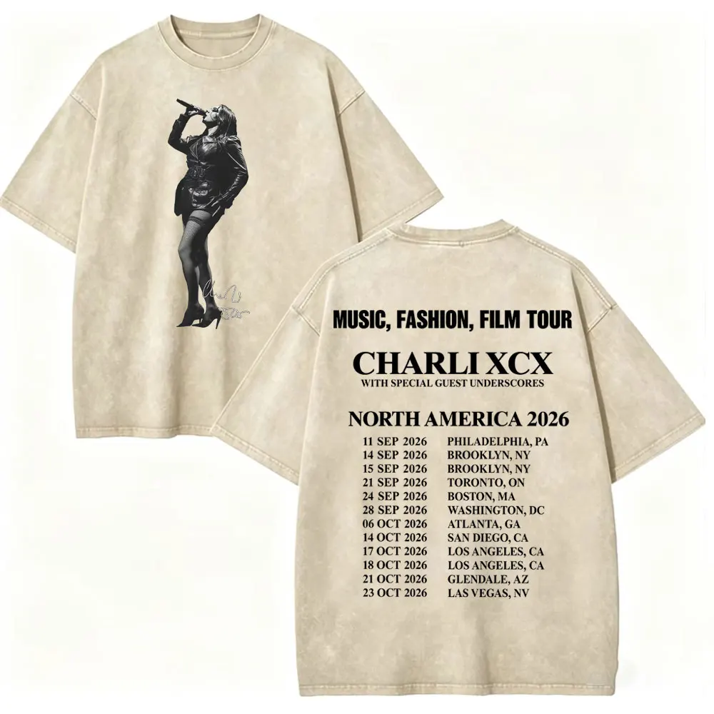 Vintage Washed Charli Xcx Music Fashion Film Tour 2026 Merch T-shirt High Quality Cotton T-shirts Unisex Casual O-Neck T Shirt