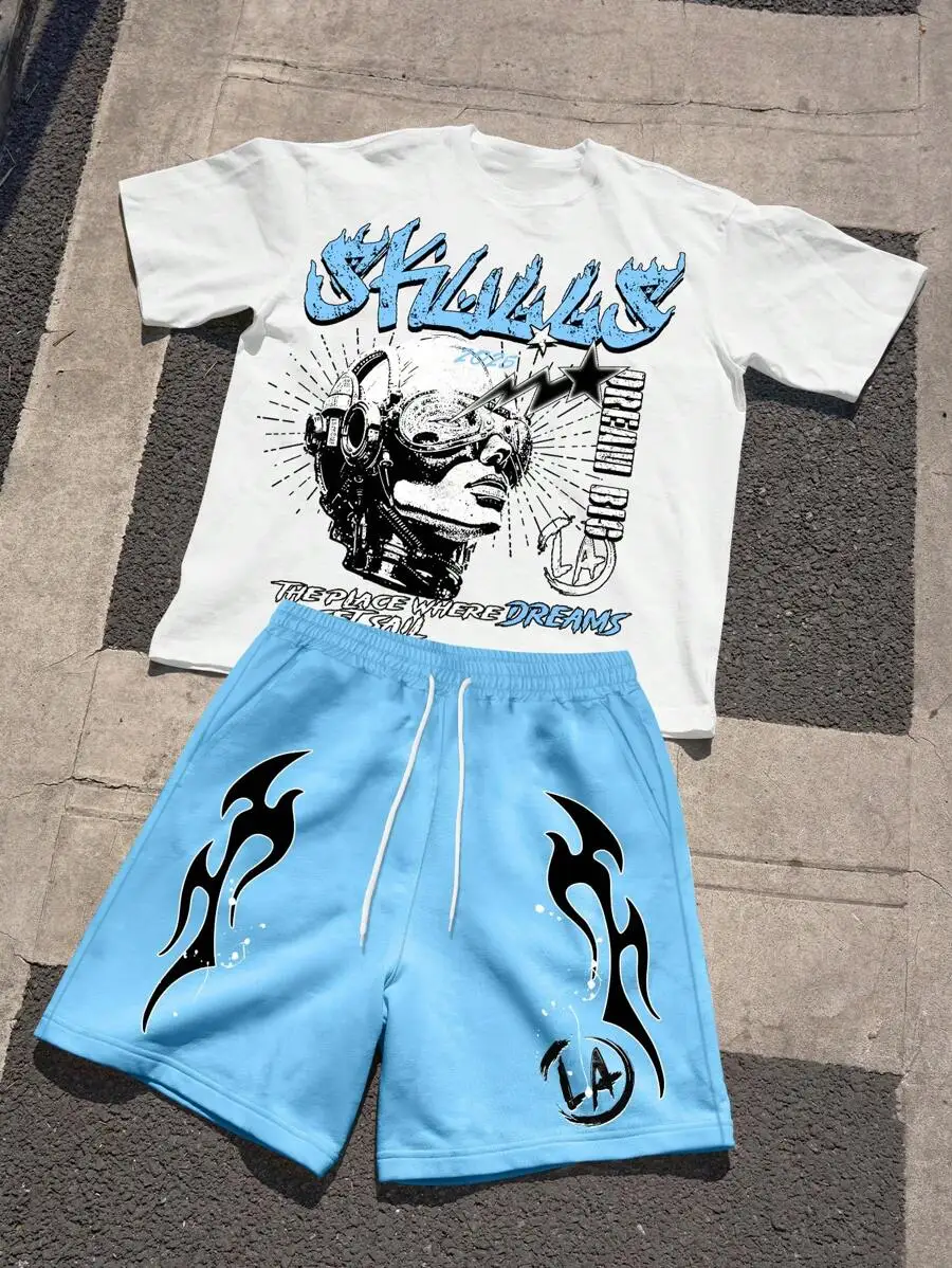 

Mens Graphic Print Short Sleeve T-Shirt And Drawstring Shorts Set