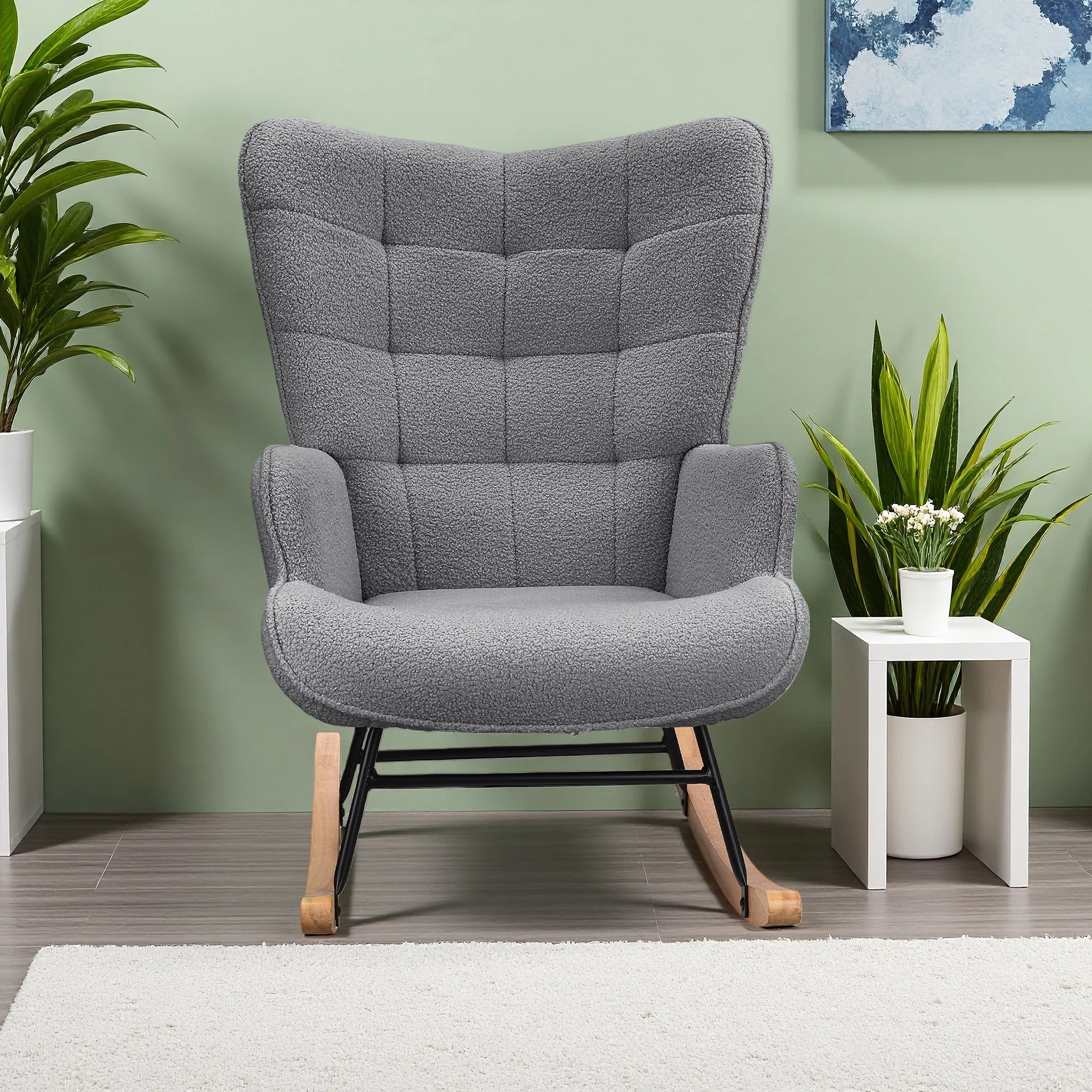 Fauteuil de salon Superaly, fauteuil à bascule avec pieds en bois et structure métallique, fauteuil de détente en tissu Teddy, pour chambre à coucher, balcon, bureau