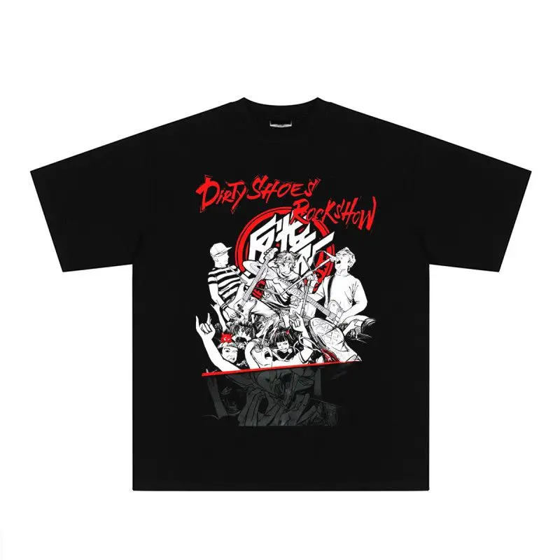 

Pure Cotton Loose Vintage Men's and Women's Short Sleeve Legging-shirt Reflector Band China Punk Peripheral Printed T-shirt