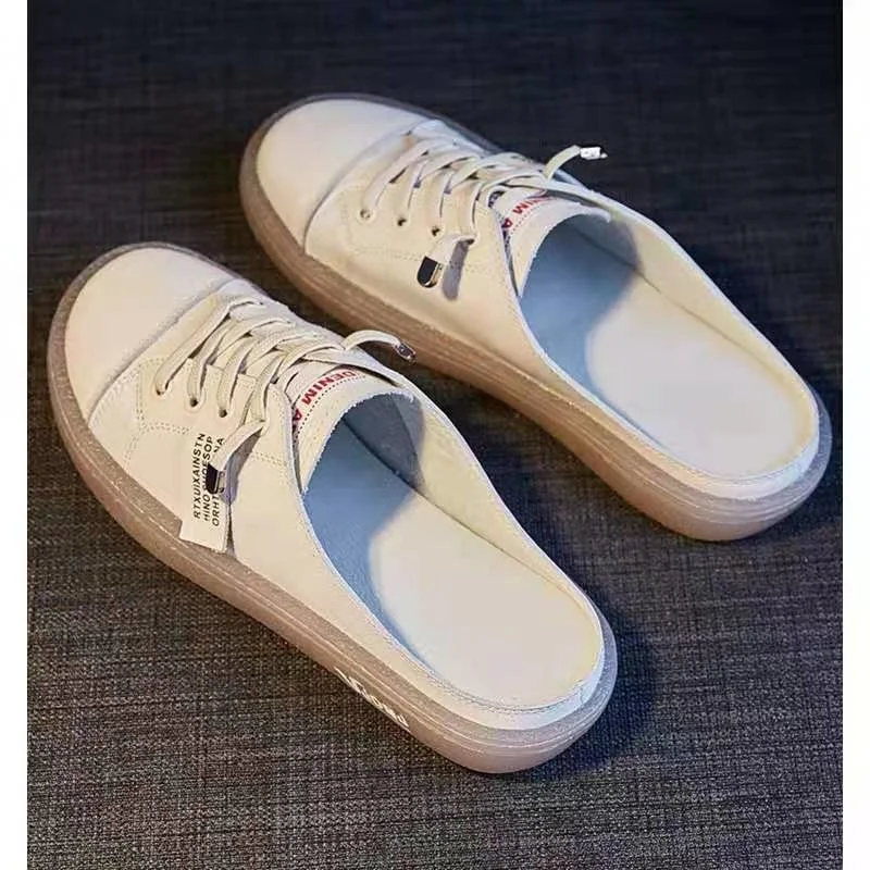 2023 New In Summer Women Canvas Shoes Flat Casual All-match Half Slippers Korean Version Trend Lace Up Ladies Lazy Loafers Femme