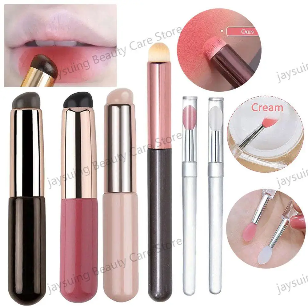 Profissional Silicone Lip Brush, cabeça redonda portátil, mini corretivo, Smudge Brush com tampa, Makeup Brush, Upgrade