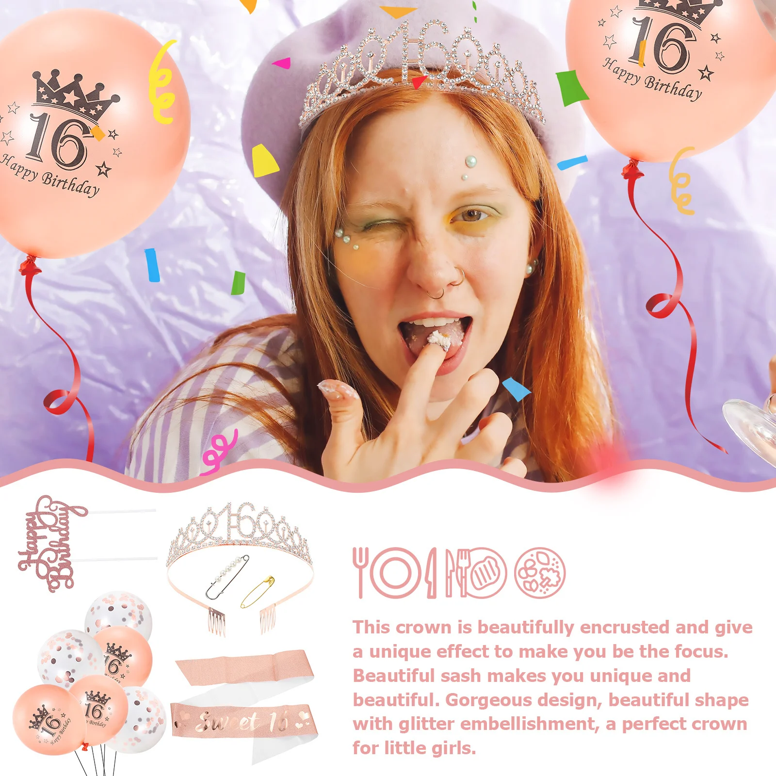 

1 set Birthday Crown Shoulder Strap Set Glitter Party Props Photo Background Chic Crown Birthday Party Supplies Balloon