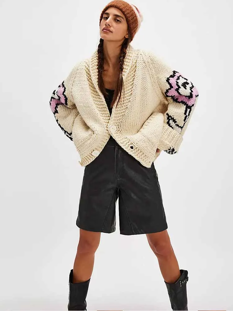 MCDV カジュアルプリント女性ニットカーディガン秋冬長袖 V ネックシングルブレストルーズセーターコート厚く暖かいニットウェア