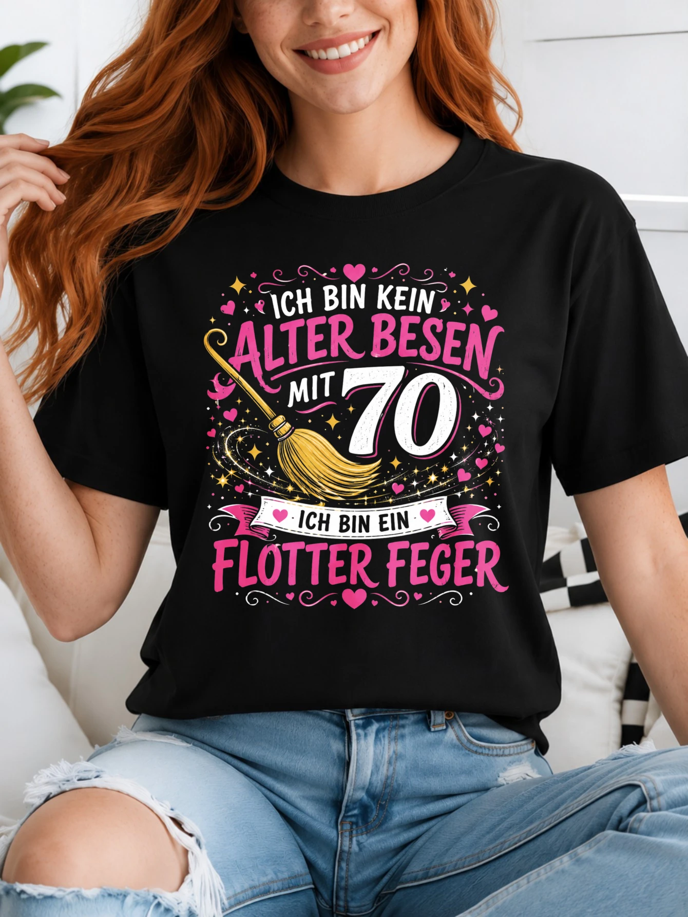Alter Besen Mit 70 bright broom birthday quote with glitter hearts gold swirls and bold hot pink  Unisex All T-Shirt