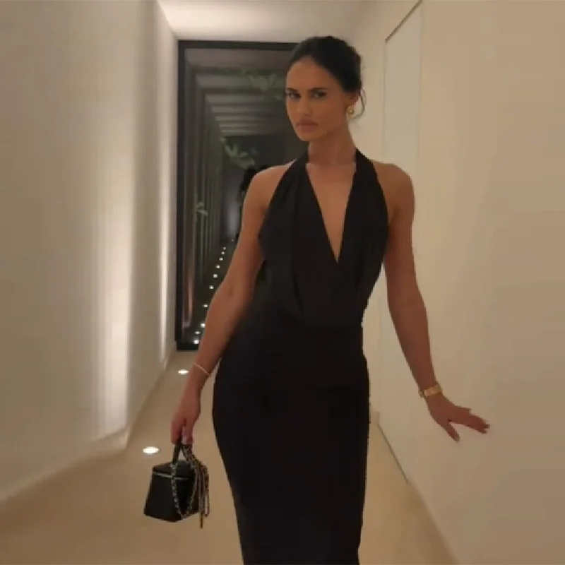 Robe Sexy à Col Halter Plongeant et Drapé, Dos Nu, Sans Manches, Coupe Ajustée, Robe de Soirée Pliss