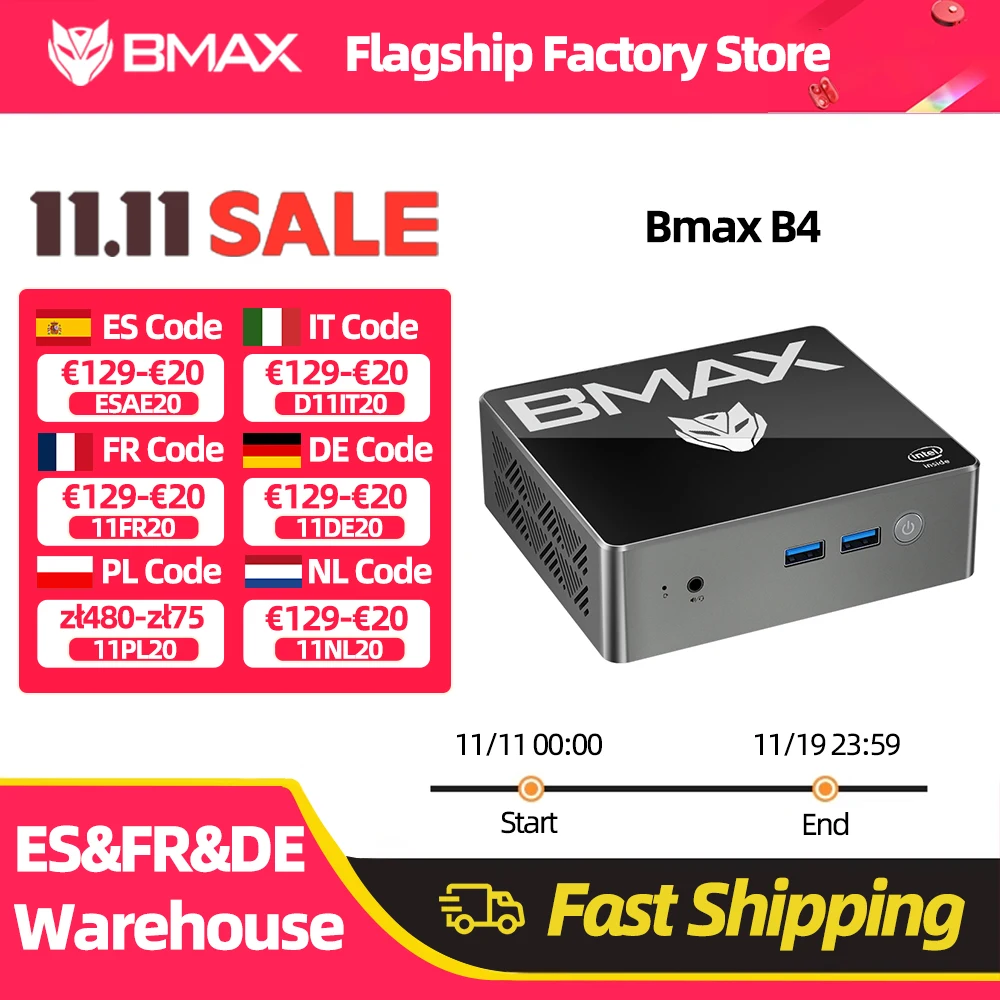 كمبيوتر صغير BMAX B4 يعمل بنظام التشغيل Windows 11 PC Intel N95 16GB 512GB SSD 2 * HDMI 2 * USB 2.0 2 * USB 3.0 يدعم رسومات Intel UHD 4K @ 60 هرتز