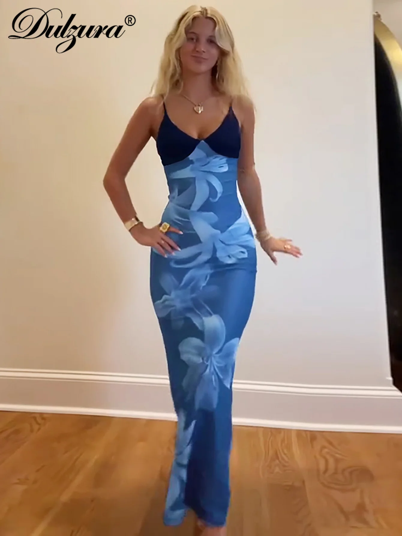 Dulzura sans manches dos nu moulante Patchwork imprimé maille Cami longue robe Sexy élégant décontracté robe Maxi fête Club tenue d'été