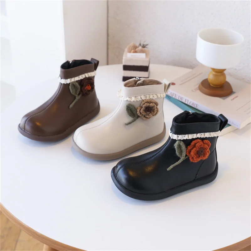 2025 New Autumn Children Boots Leather Lace Flower Princess Girls Shoes Soft Sole Fashion Kids Ankle Boots Eu 26-37