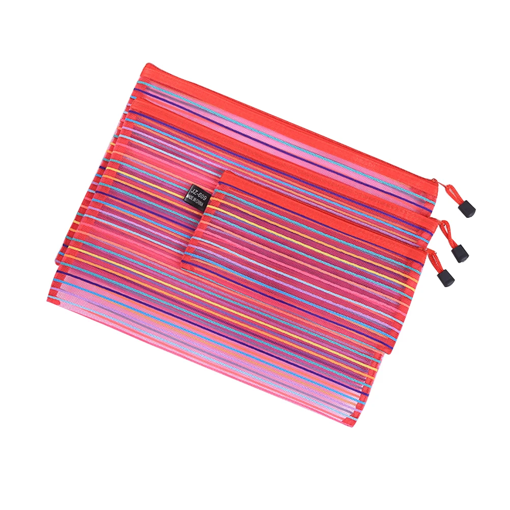 3 Pcs Nylon Mesh Bag Documents Storage Bags with Zipper Pouches Colored File Folders