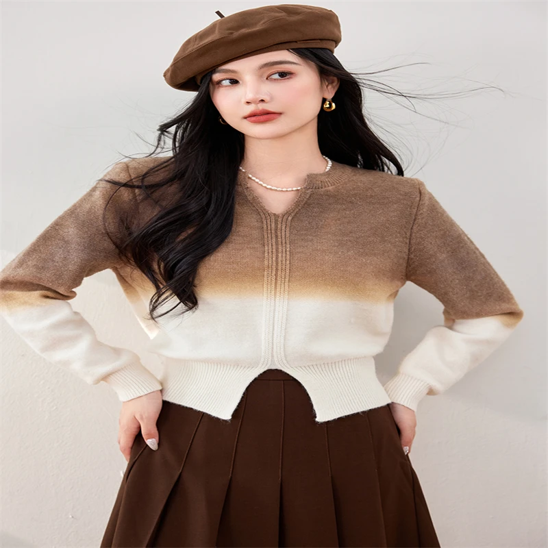 2024 New Casual Retro V-neck Pullover Tops Women Autumn Gradient Color Long Sleeves Sweater Korean Chic Sweaters