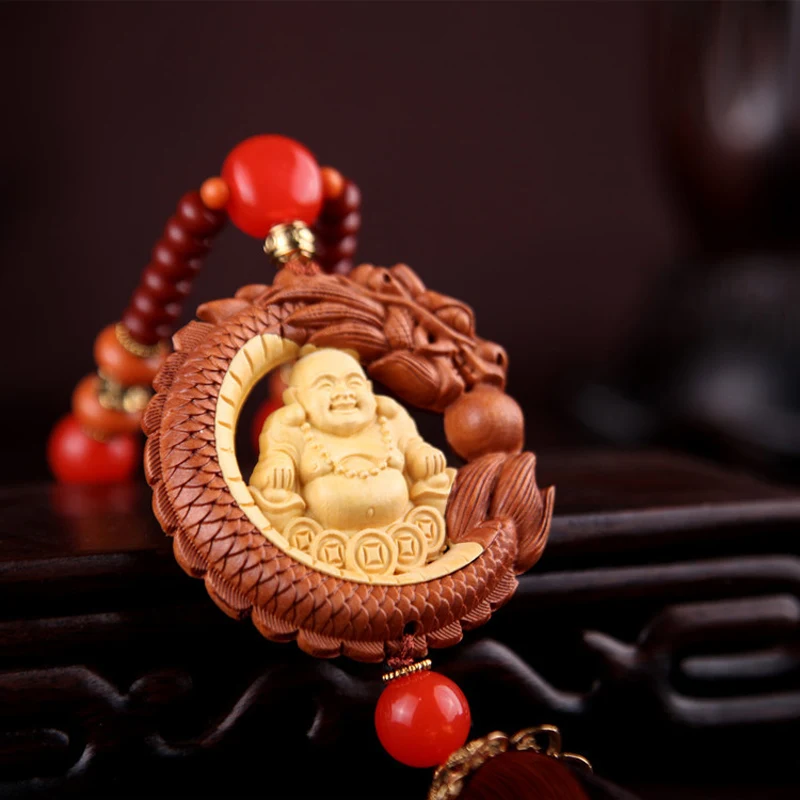 Boxwood Inlaid Car KeyChain Long Tuzhu Money Maitreya Mahogany Mirror Pendant