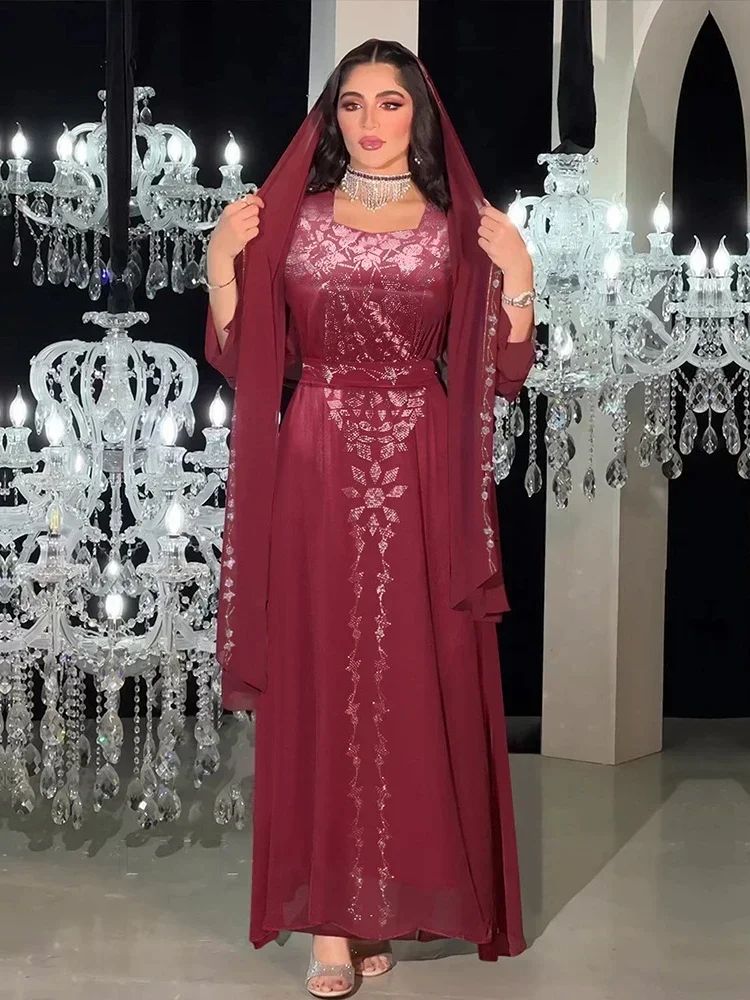 Long Sleeve Hijab Party Dress for Women Muslim Diamond Abaya Chiffon Maxi Vestidos Morocco Kaftan Turkey Arabic Long Robe 2023