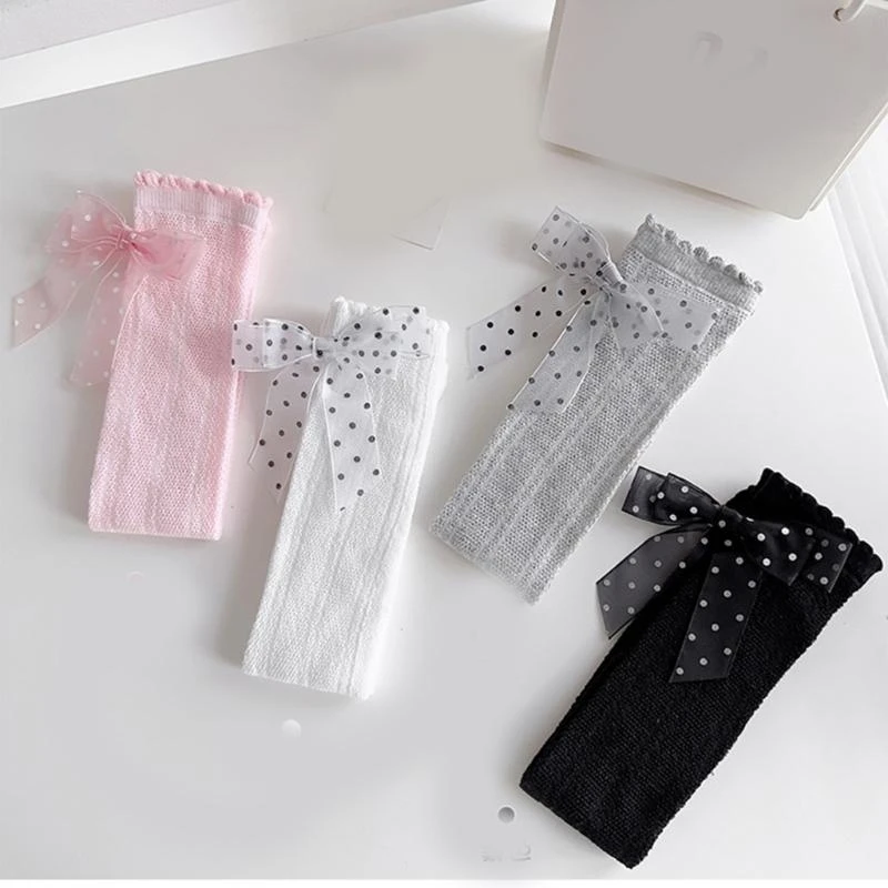 M76C جوارب ناعمة وقابلة للتنفس للفتيات فوق الركبة طول الجوارب القطنية الدانتيل الكشكشة Bowknot جوارب أنبوبية لأسلوب حلو