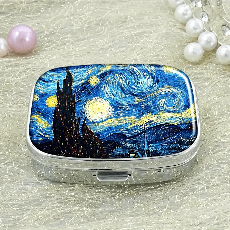 Van Gogh Starry Night Themed Pill Box, 2-in-1 Polypropylene Medicine Storage Box, Portable Polypropylene Medicine Organizer, Suitable for Travel and Carrying in a Wallet