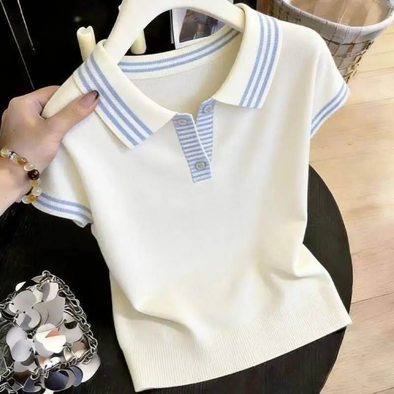 

Color Block Neck Thin Ice Silk Short Sleeve Knitted Top Women's Style 2026 New Summer Unique Beautiful High End Feeling Top