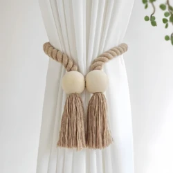 Hand-woven solid wood magnetic knot curtain tiebacks with Boho style, suitable for living room and bedroom home decoration.