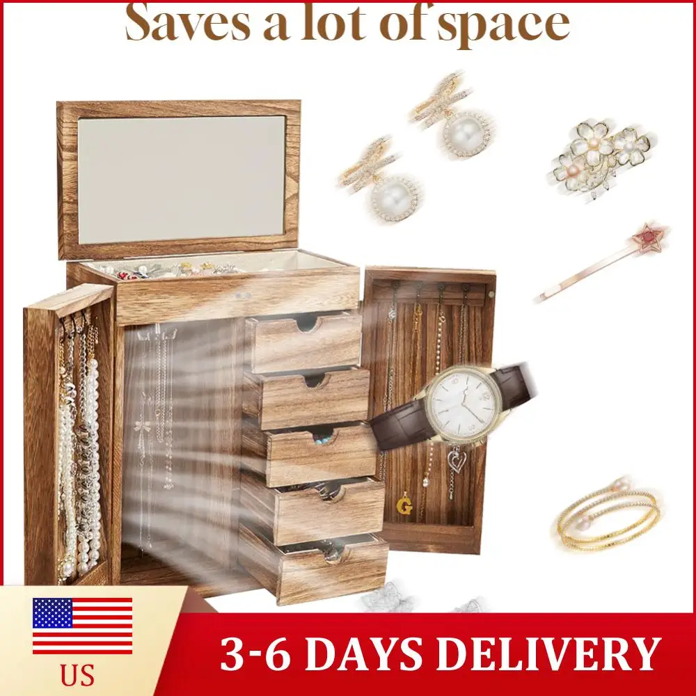 

Деревянная шкатулка для украшений, 5-уровневый органайзер для хранения ювелирных изделий с выдвижными ящиками и зеркалом, витрина для колец и браслетов