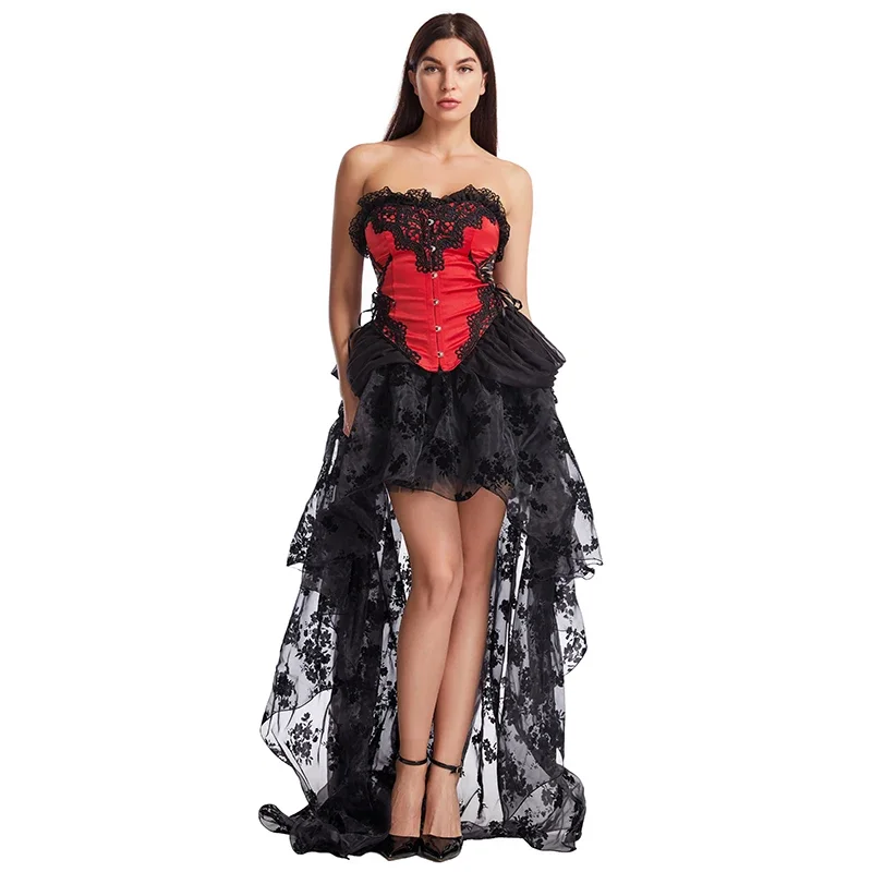 Black & Red Victorian Overbust Corset Set Plus Size Gothic Clothing Women Steampunk  Elegant Wedding Bustier Burlesque Dress