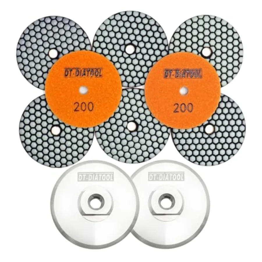 

DT-DIATOOL Dry Diamond Polishing Pads 4 Inch 8 Pieces Grit 200 with 2pcs Aluminum Backer Pad 4 Inch Hook and Loop Backing pad 5