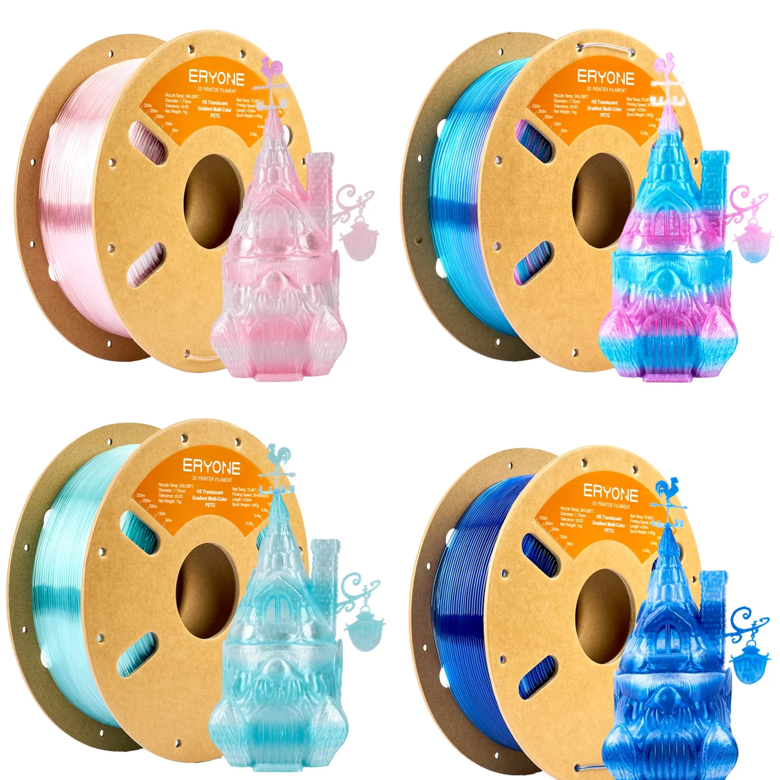 

ERYONE 1,3 кг PETG высокоскоростная полупрозрачная нить для 3D-принтера с градиентом 1,75 мм, прочная и долговечная для вазы, лампы, украшения