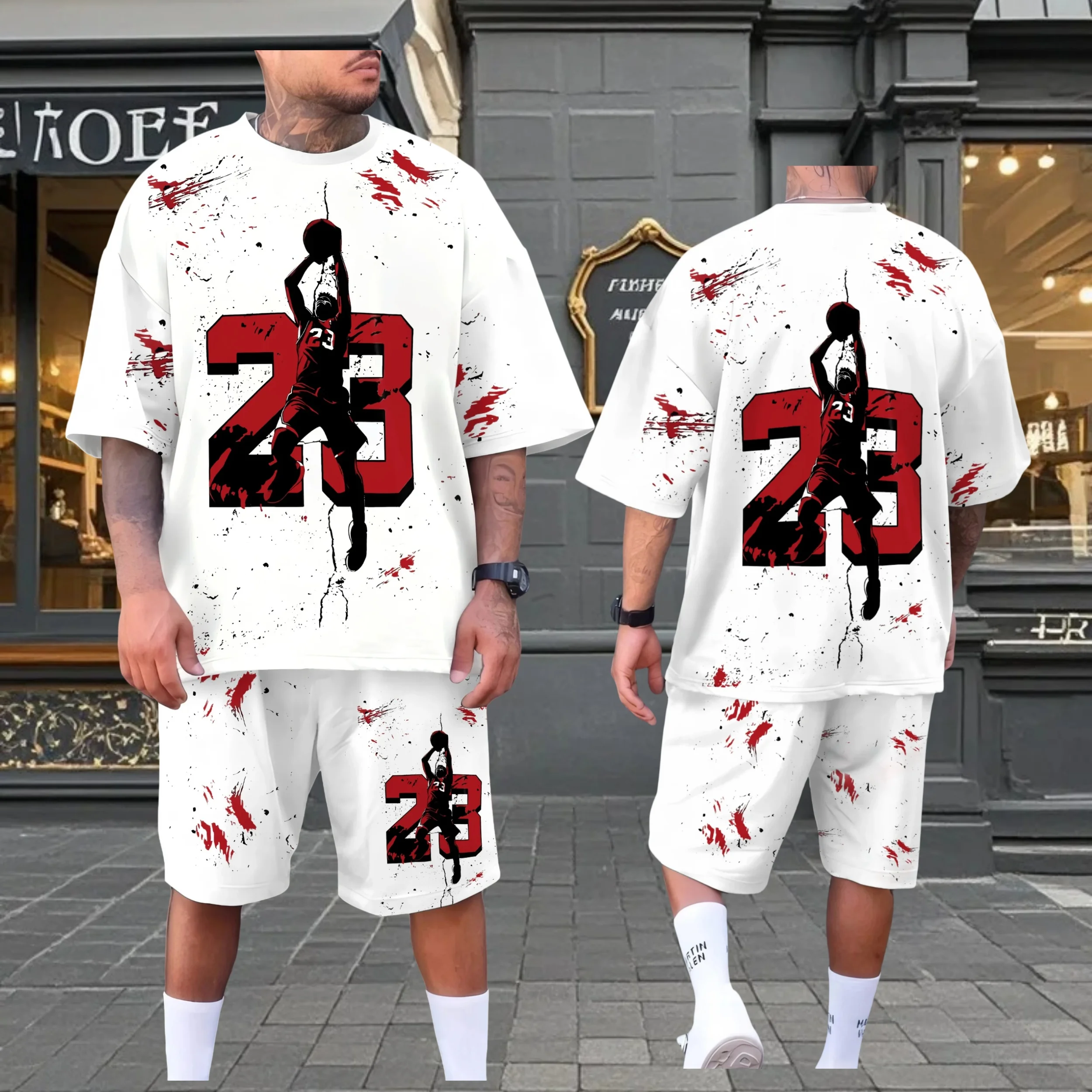 

New Summer Set Men's T-shirt Trendy Men's Street No. 28 Printed Round Neck Men's Set Fashionable Handsome Sports Two Piece Set