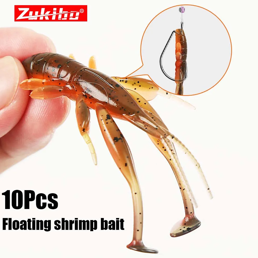 ZUKIBO 10pcs Soft Shrimp Lure Lobster Artificial Bait Crayfish Twintail Floating Ned Rigging Sea Bass Saltwater Fishing Tackle