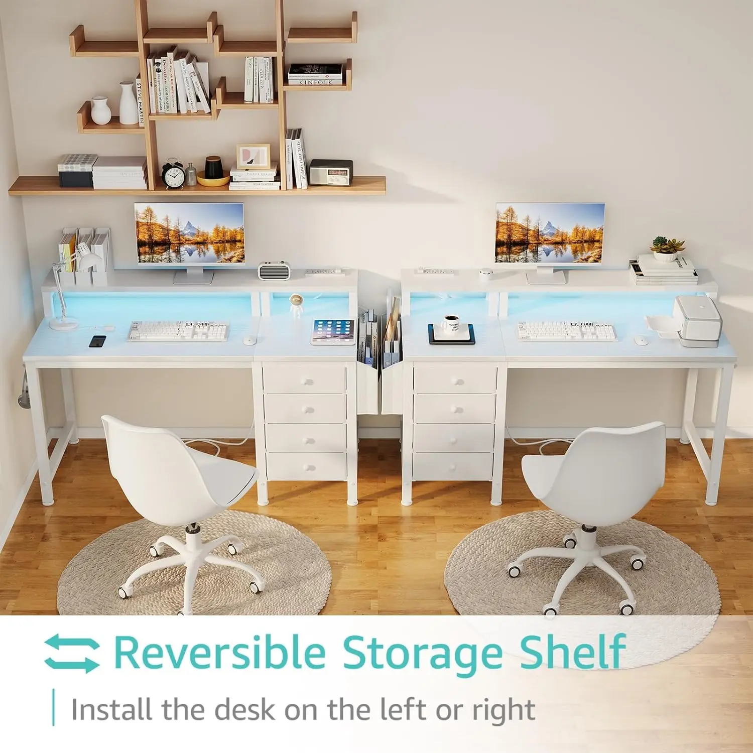 White Desk with 4 Drawers - 47 inch Gaming Desk with Monitor Stand, Reversible Computer Gaming Table  LED Lights Power Outlets