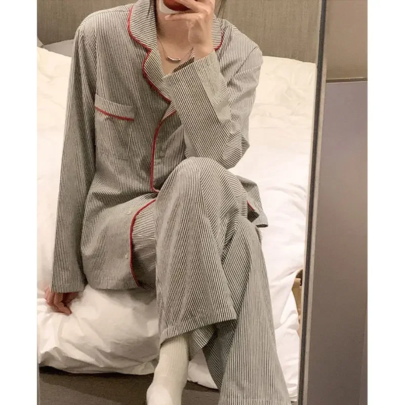 Striped Sleepwear Women Pajama Sets Pocket Piiama Korean Night Wears Autumn Pants Sets 2 Pieces Button Long Sleeve Home Suit New