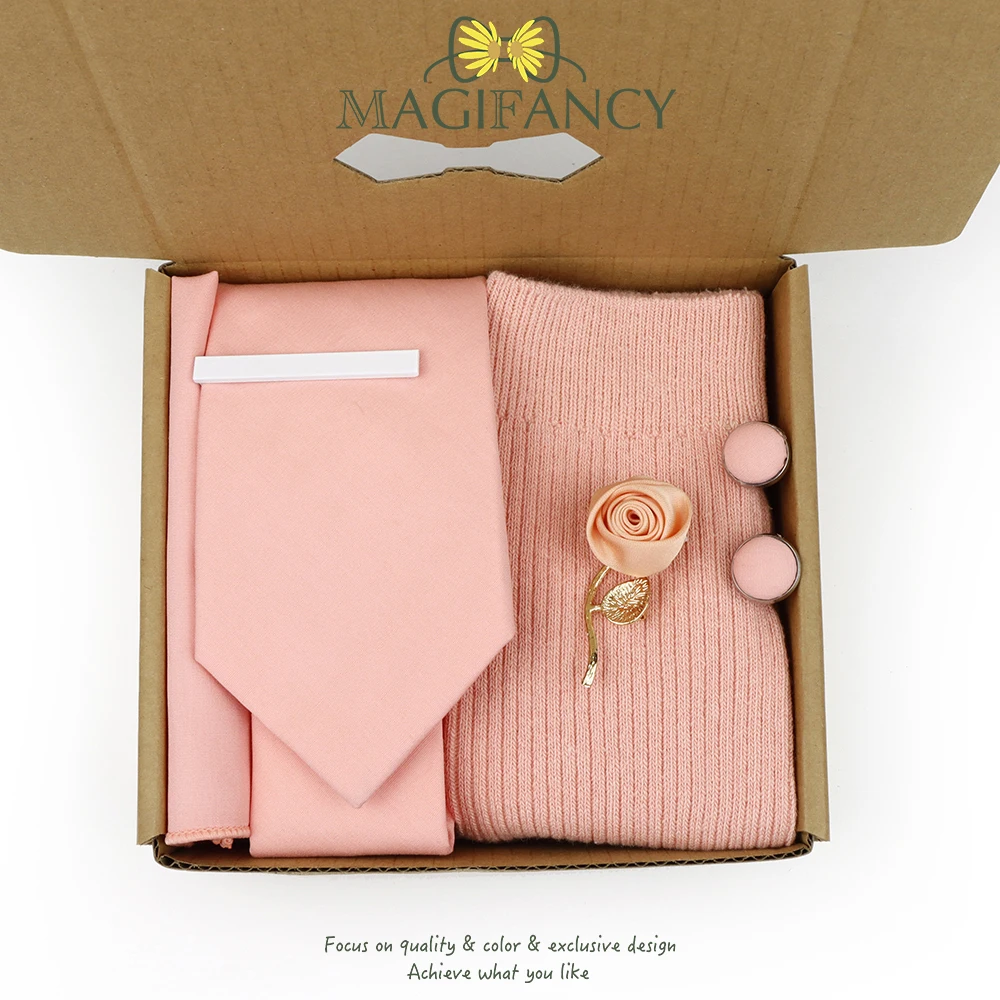 

MAGIFANCY Color 33～38 Tie Socks Set 6 PCS Gift Box Clip Cufflinks Pin Hanky Men Solid Cotton Wedding Party Cravat Top Accessory
