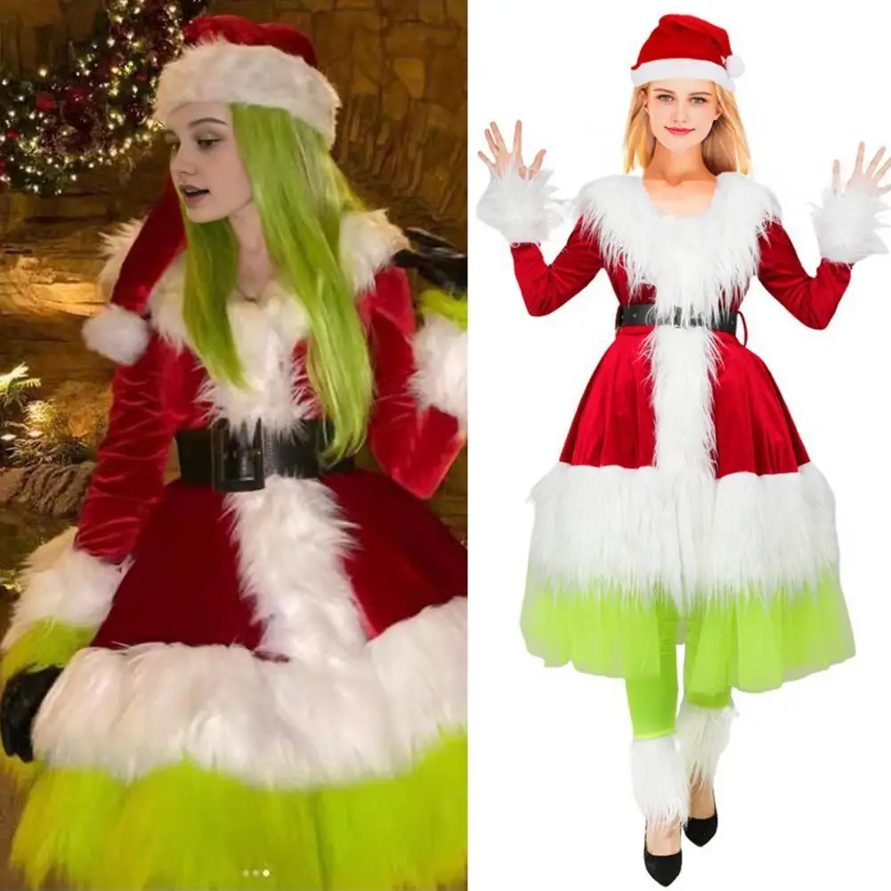 Costume De Père Noël Femme - Robe En Velours Avec Fourrure, Chapeau, Ceinture, Gants Et Chaussettes - Taille M à 3XL