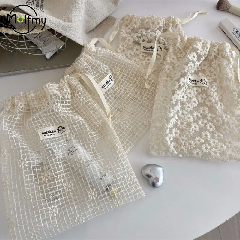 

Drawstring Makeup Bag Lace Embroidered Daisy Mesh Storage Bag Cute Summer Travel Cosmetic Toiletry Skincare Organizer Packaging