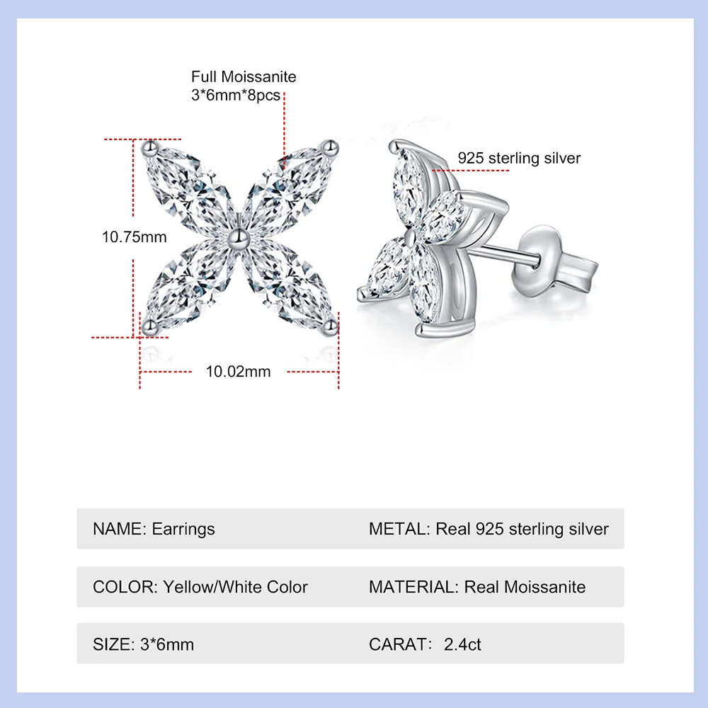 Four-leaf Clover Moissanite Stud Earrings For Women 925 Silver Plated 18k White Gold Marquise Cut Diamond Earring Fine Jewelry