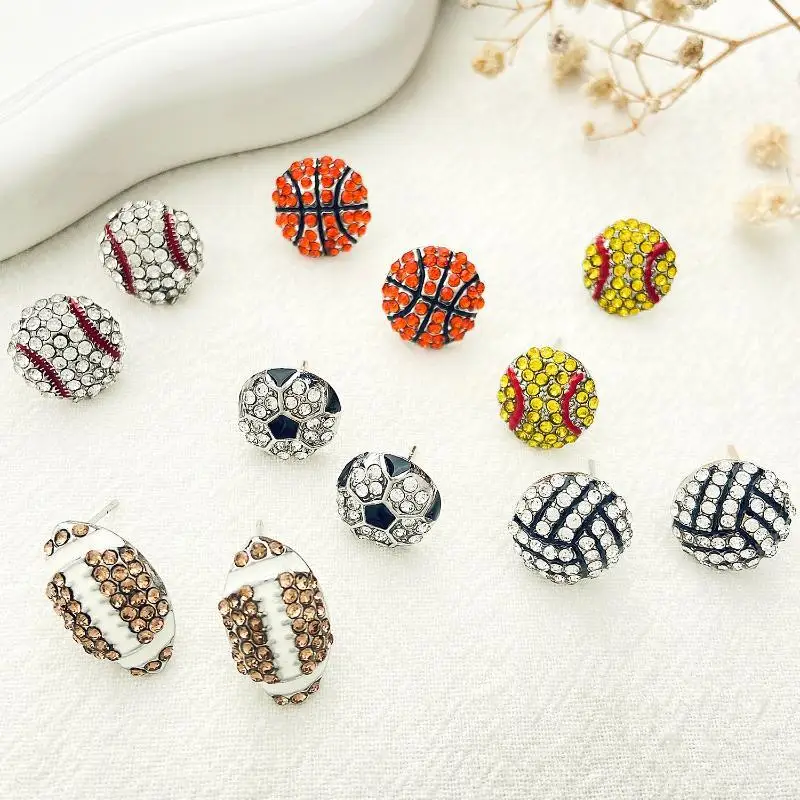 2Pcs New Fashion Crystal Baseball Stud Earrings For Women Rhinestone Football Volleyball Basketball Softball Sports Earrings