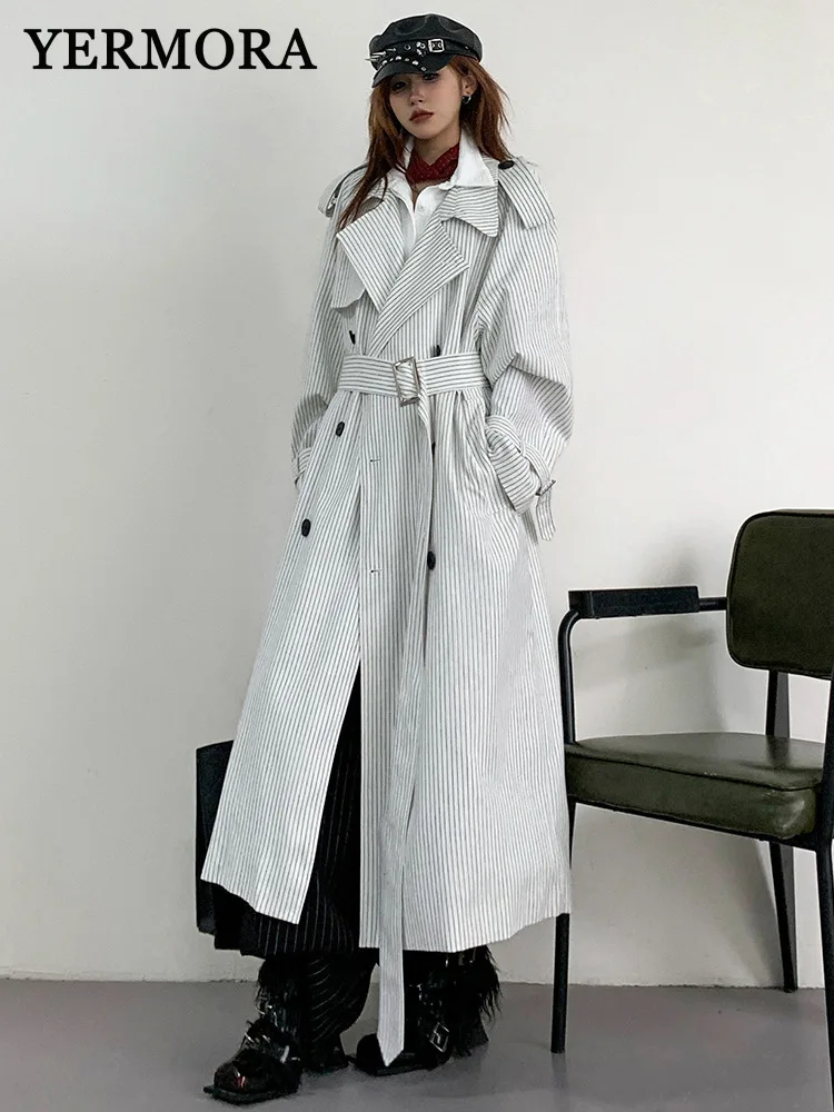 

YERMORA White Striped Double Breasted Belt Trench For Women Lapel Long Sleeve Loose New Windbreaker Fashion Spring Autumn 2025