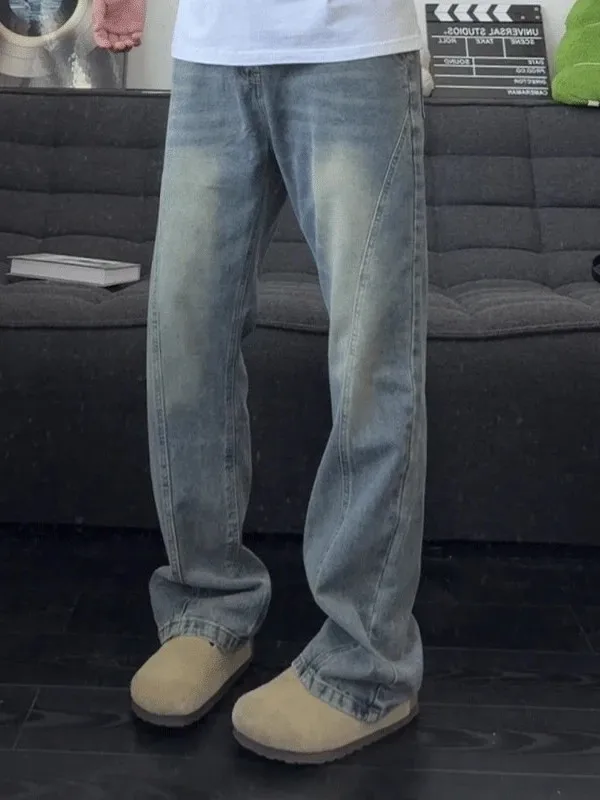 

Мужские джинсы в стиле ретро, американские, синие, с косым кроем, осенние, прямые, слегка расклешенные, повседневные, с эффектом потертости, Cleanfit