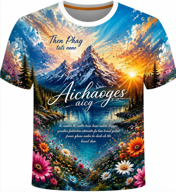 Retro Glacier Mountain Letter Men's T-Shirt Double-color Print Suitable for Both Men and Women Loose-Fitting Daily Short Sleeve