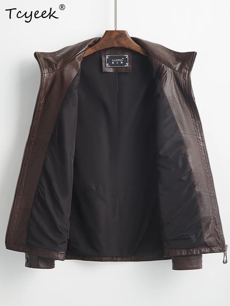 Tcyeek Damska Kurtka Skórzana z Naturalnej Owczej Skóry Wiosna Jesień Kołnierz Długi Rękaw Krótka Brązowa Kurtka Skórzana Chaqueta Cuero Mujer