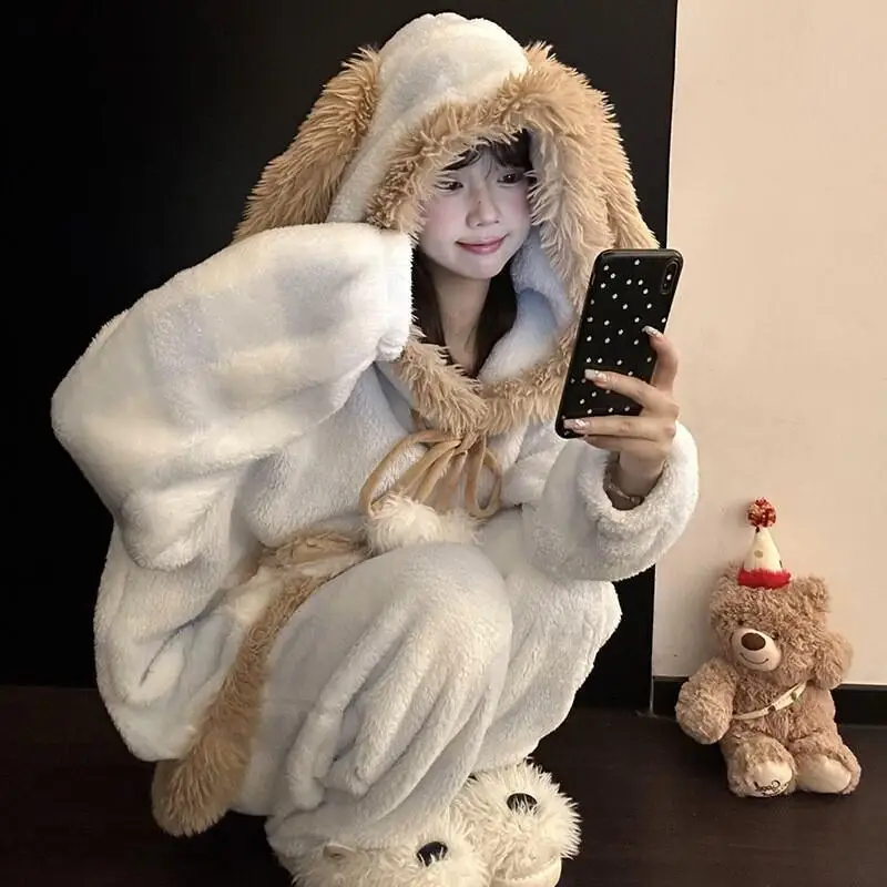 

Comfortable Sleepwear Plush Hooded Coral Velvet Pajama Women's Autumn Winter Warm Thick Velvet Home Clothes Set Cute Style Sets