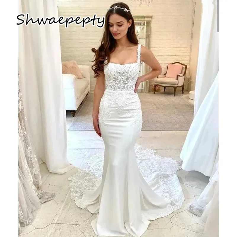 

Elegant White Mermaid Wedding Dresses Spaghetti Straps Satin Lace Appliques Women Robe De Mariee Court Train Bridal Gowns