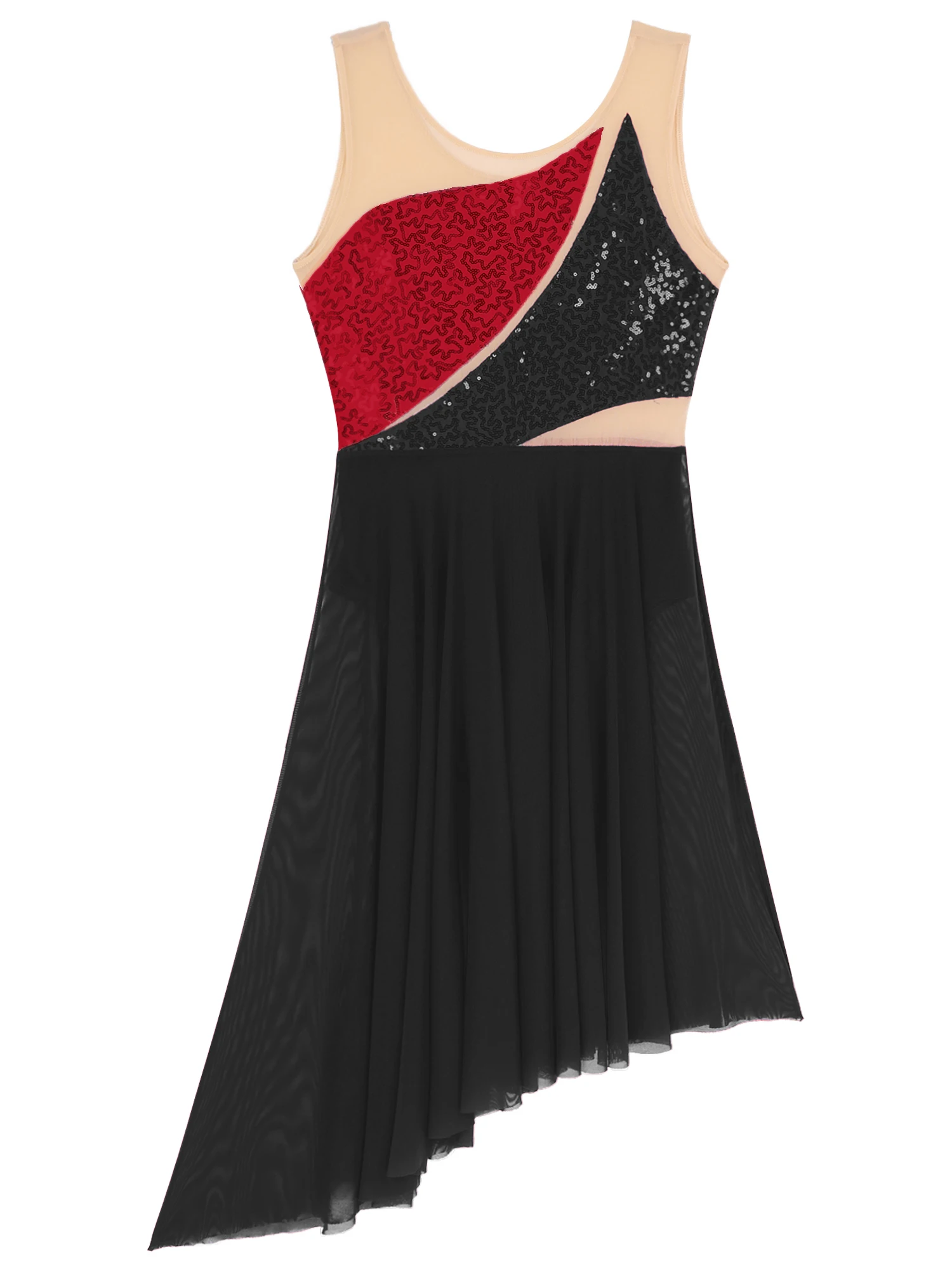 Abito da ballo per pattinaggio artistico da donna allenamento pratica Performance Costume da competizione Color Block Glitter abiti da body con paillettes