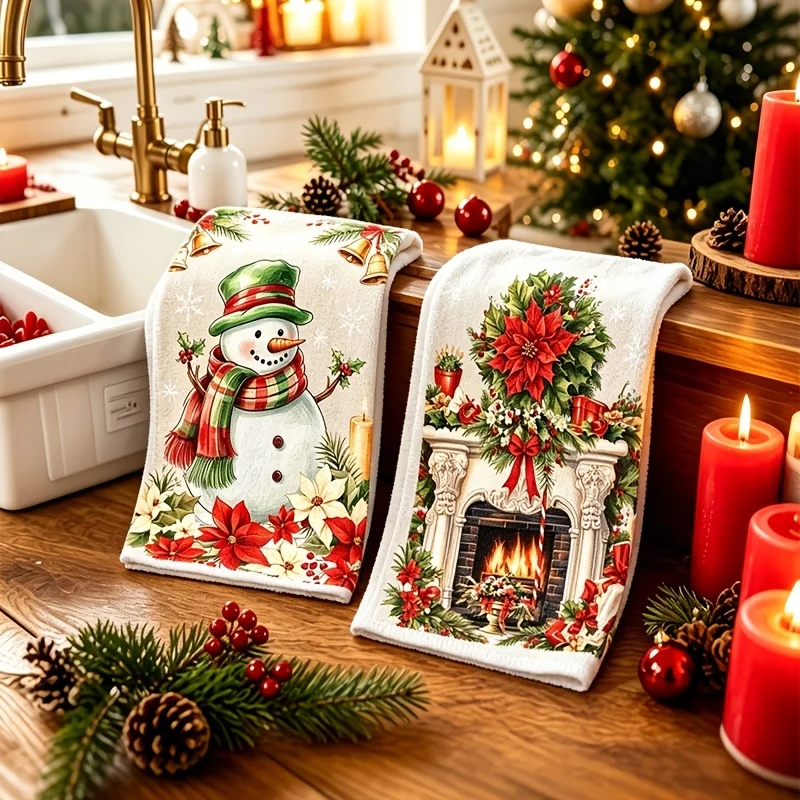 2 vintage Christmas kitchen towels snowman angel plum print polyester cleaning cloth