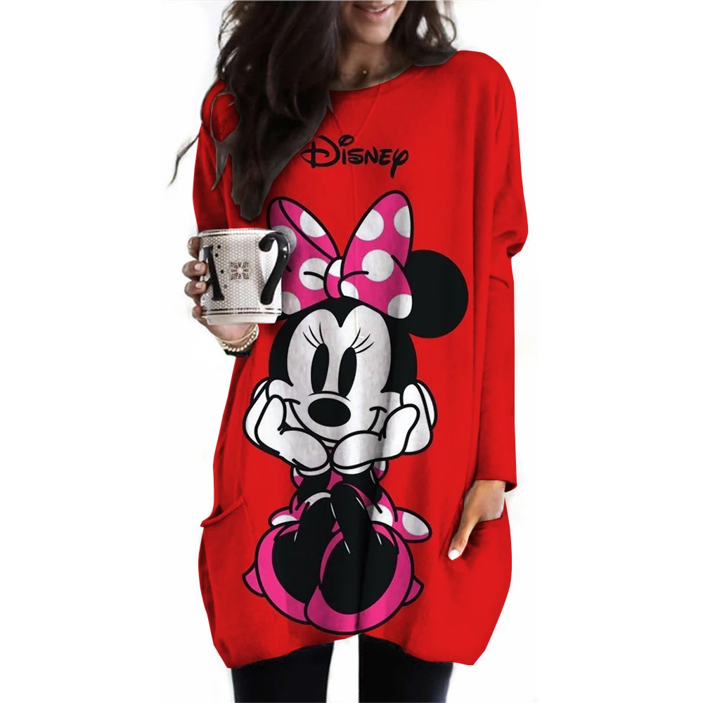 New Large Women\'s Long Sleeve Pocket Round Neck Waist Top T-shirt Disney Mickey Mouse Loose Casual Fashion Loose Women\'s Shirt