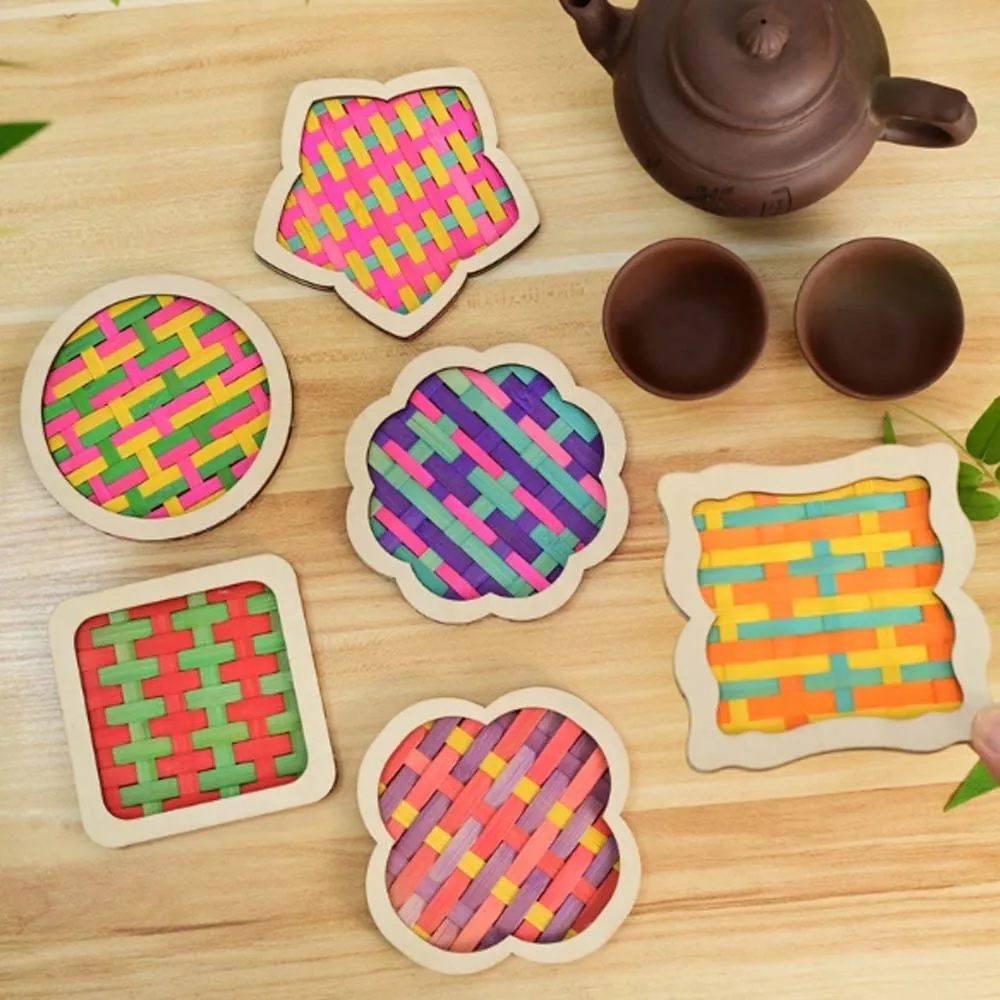 Eco-Friendly Bamboo Coaster DIY Pre-cut Natural Wood Woven Coaster Pack Multicolor Easy To Make Handmade Cup Mat School Project